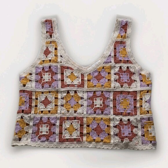 Rebellion Again Crocheted Top Women L Granny Square Sleeveless V Neck Crop Boho - Picture 9 of 14